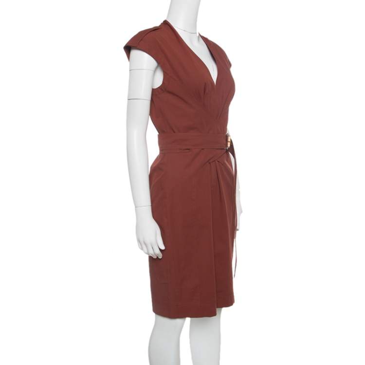 Pre Owned Gucci Brown Stretch Cotton Belted Horsebit Buckle Detail Dress M