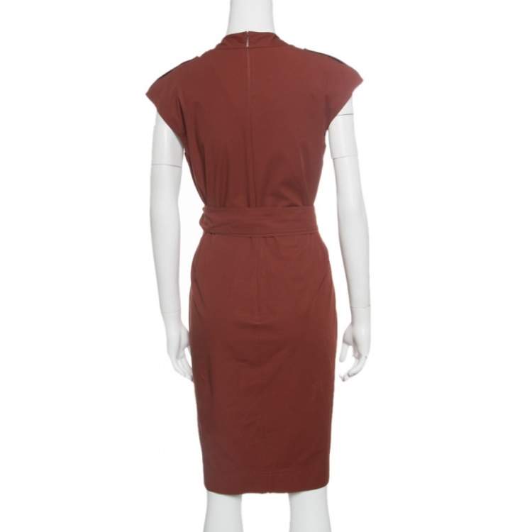 Pre Owned Gucci Brown Stretch Cotton Belted Horsebit Buckle Detail Dress M
