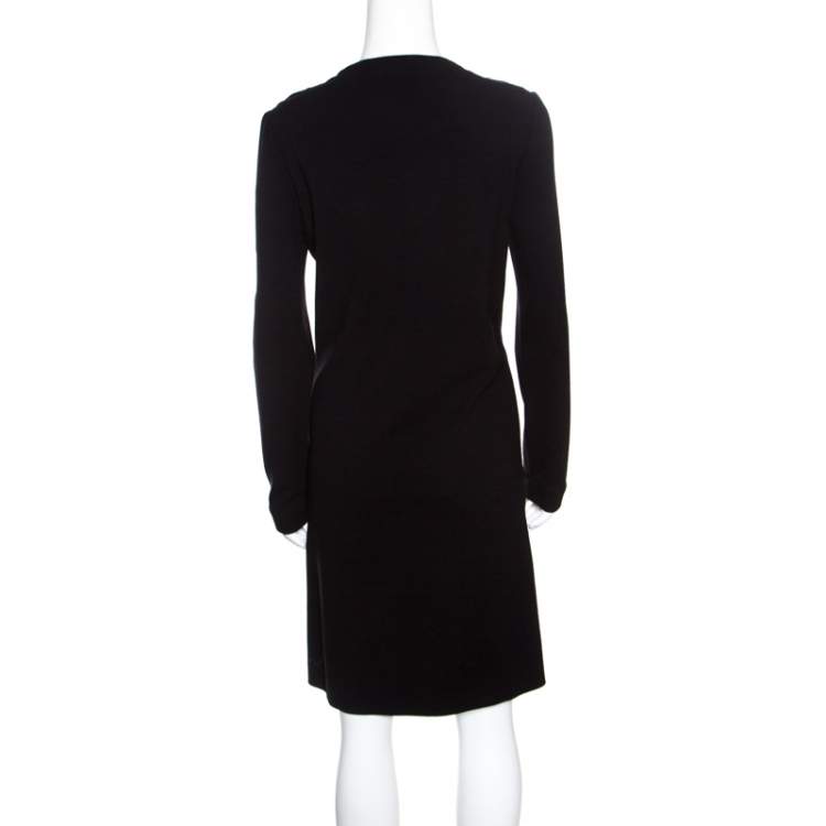 Pre Owned Gucci Black Textured Shoulder Button Detail Long Sleeve Shift Dress M