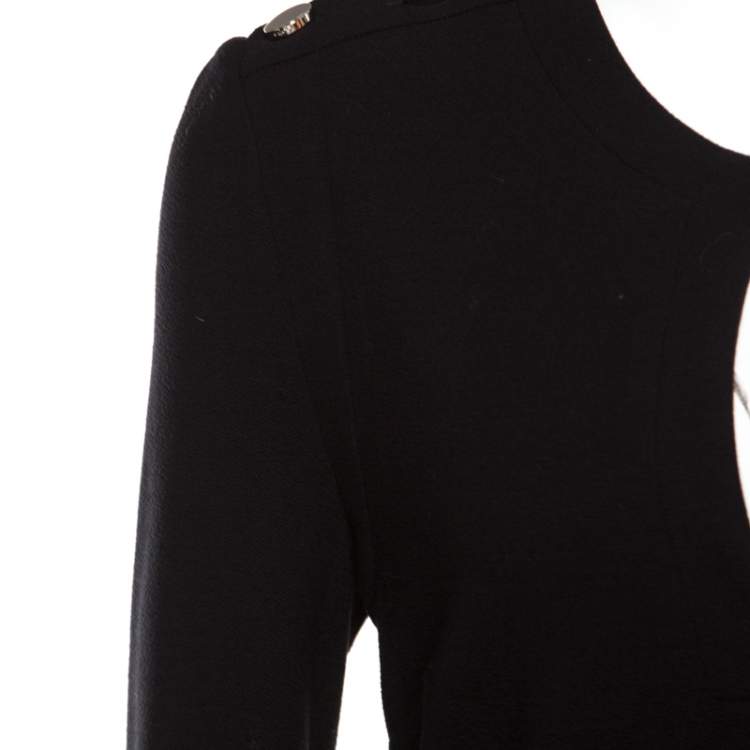 Pre Owned Gucci Black Textured Shoulder Button Detail Long Sleeve Shift Dress M