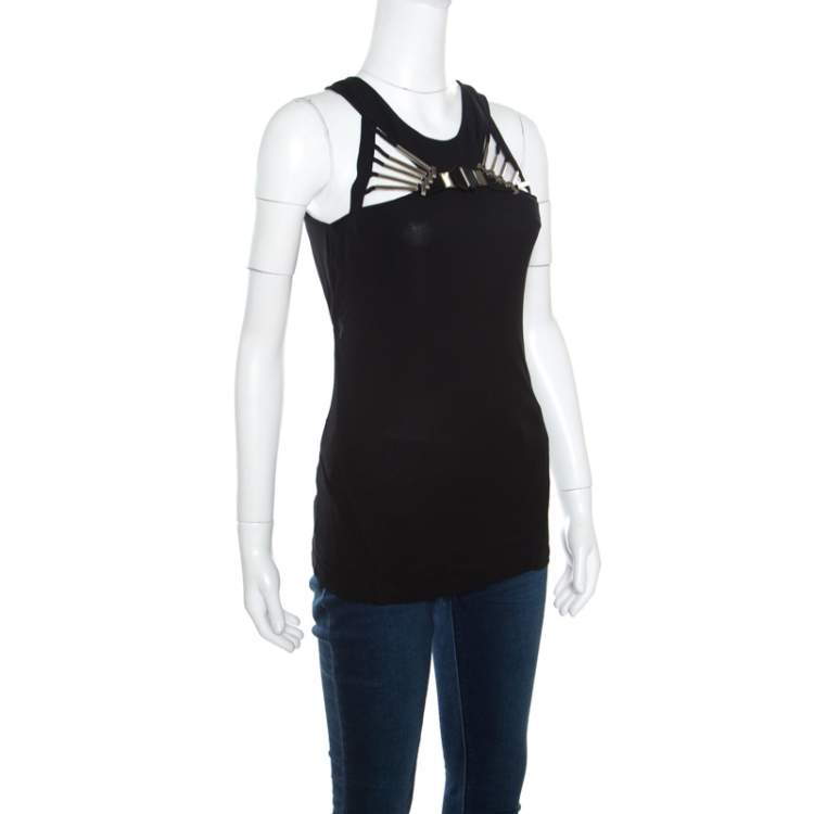 Pre Owned Gucci Black Knit Metal Embellished Cut Out Detail Halter Top M