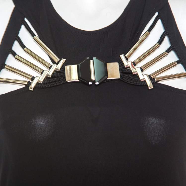 Pre Owned Gucci Black Knit Metal Embellished Cut Out Detail Halter Top M