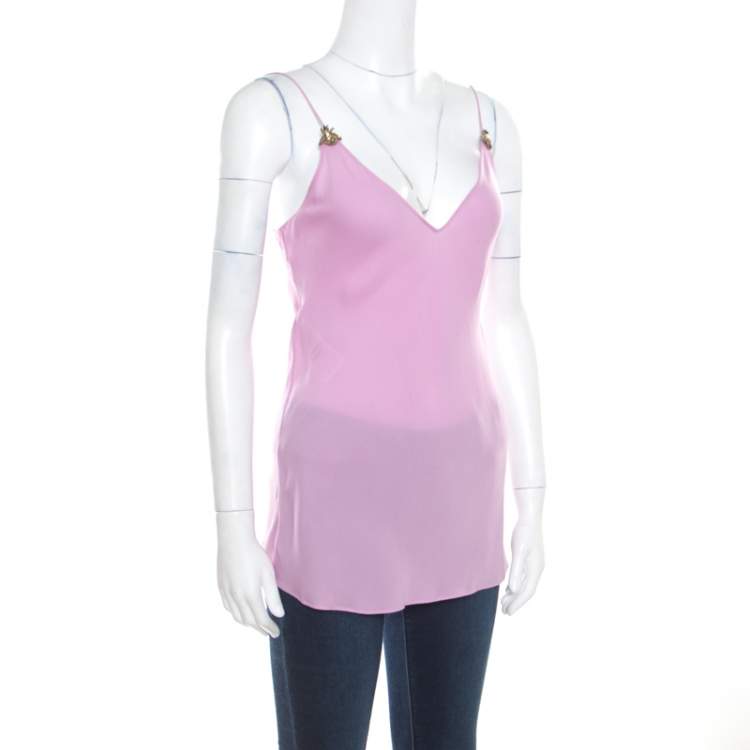 Pre Owned Gucci Lavender Silk Sequin Beetle Embellished Noodle Strap Top S