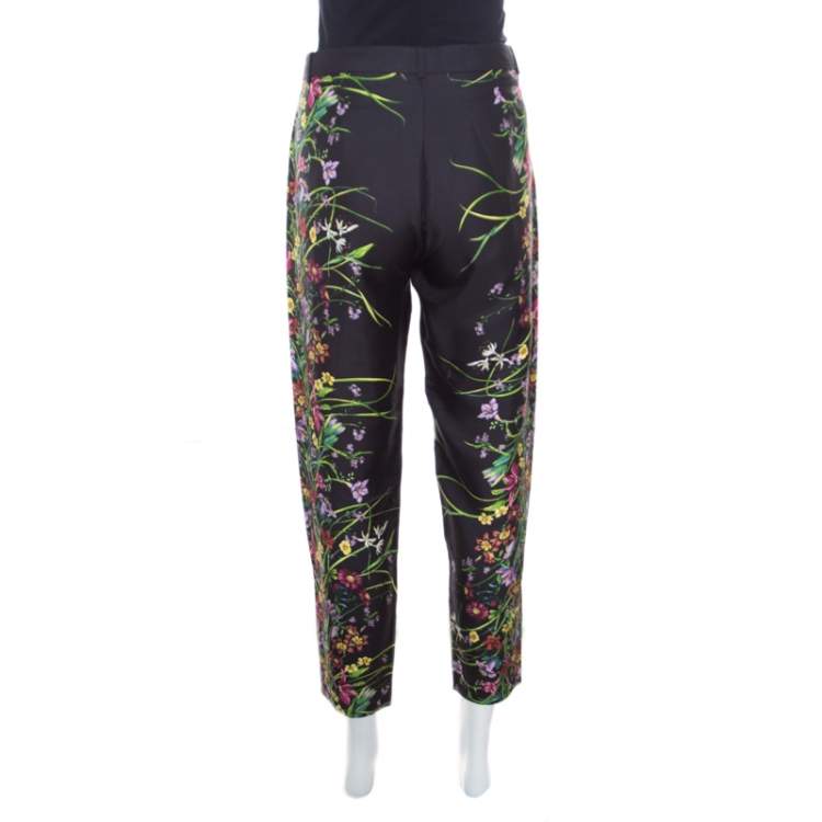 Pre Owned Gucci Black Floral Printed Silk Tapered Pants S
