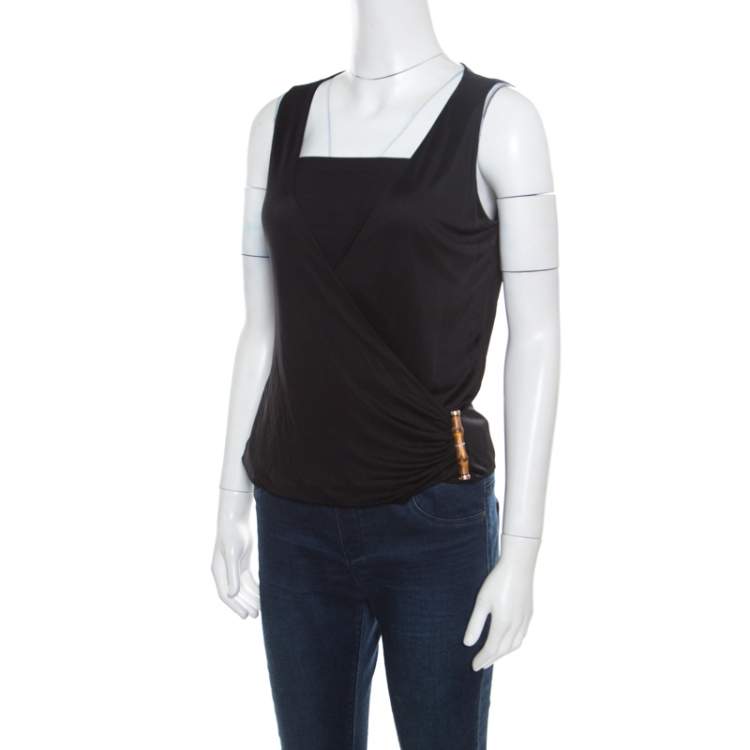 Pre Owned Gucci Black Draped Jersey Bamboo Buckle Detail Sleeveless Top S