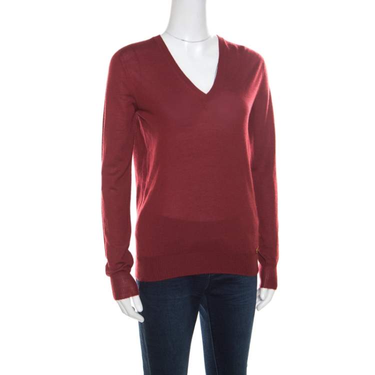 Pre Owned Gucci Red Cashmere V-Neck Sweater S