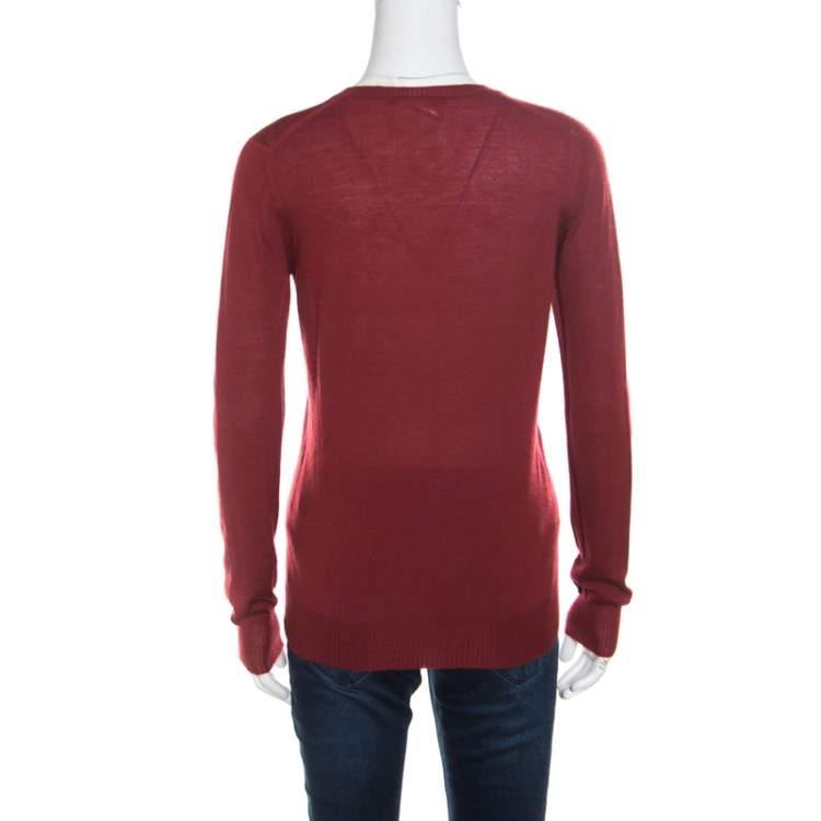Pre Owned Gucci Red Cashmere V-Neck Sweater S