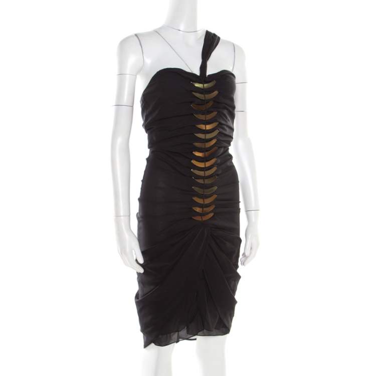 Pre Owned Gucci Black Silk Metal Fish Bone Embellished Ruched Dress M