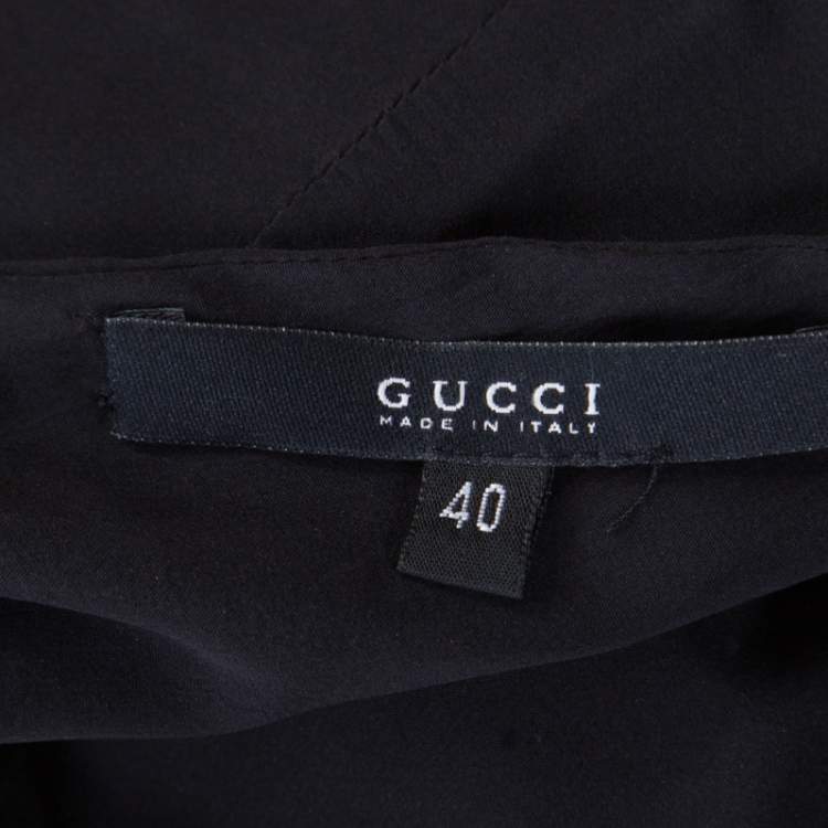 Pre Owned Gucci Black Silk Metal Fish Bone Embellished Ruched Dress M
