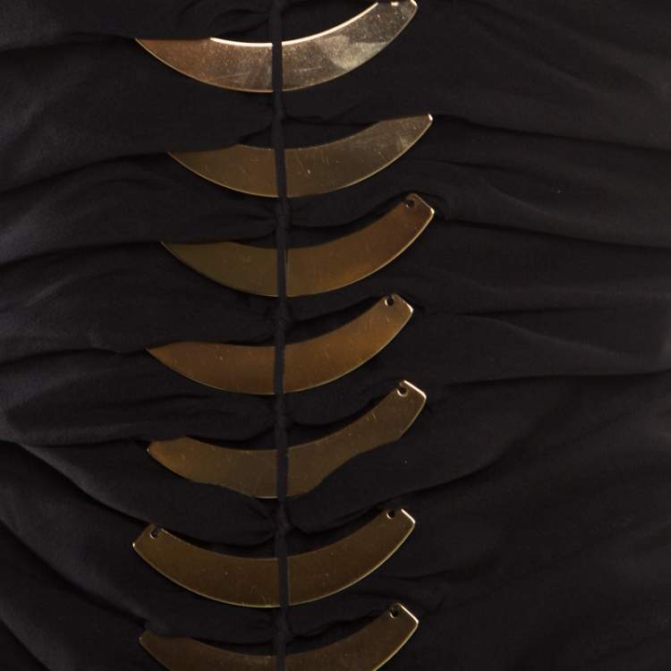 Pre Owned Gucci Black Silk Metal Fish Bone Embellished Ruched Dress M