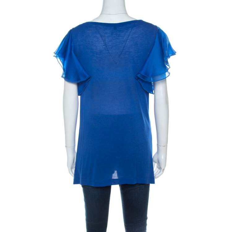 Pre Owned Gucci Blue Jersey and Silk Ruffled Sleeve Top S