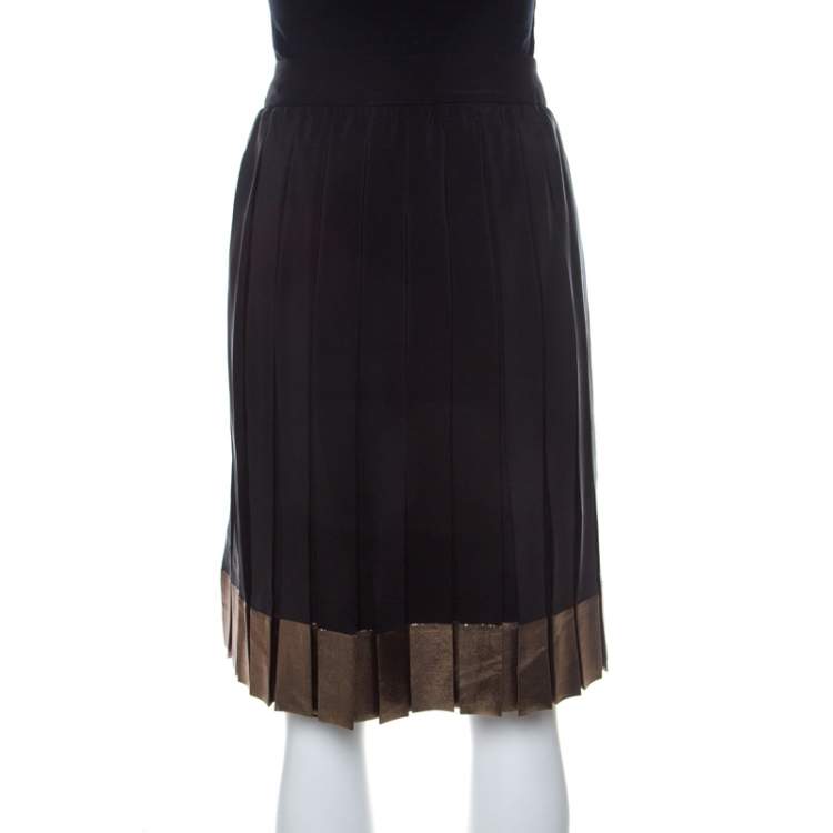 Pre Owned Gucci Black Silk Gold hem Detail Pleated Skirt M