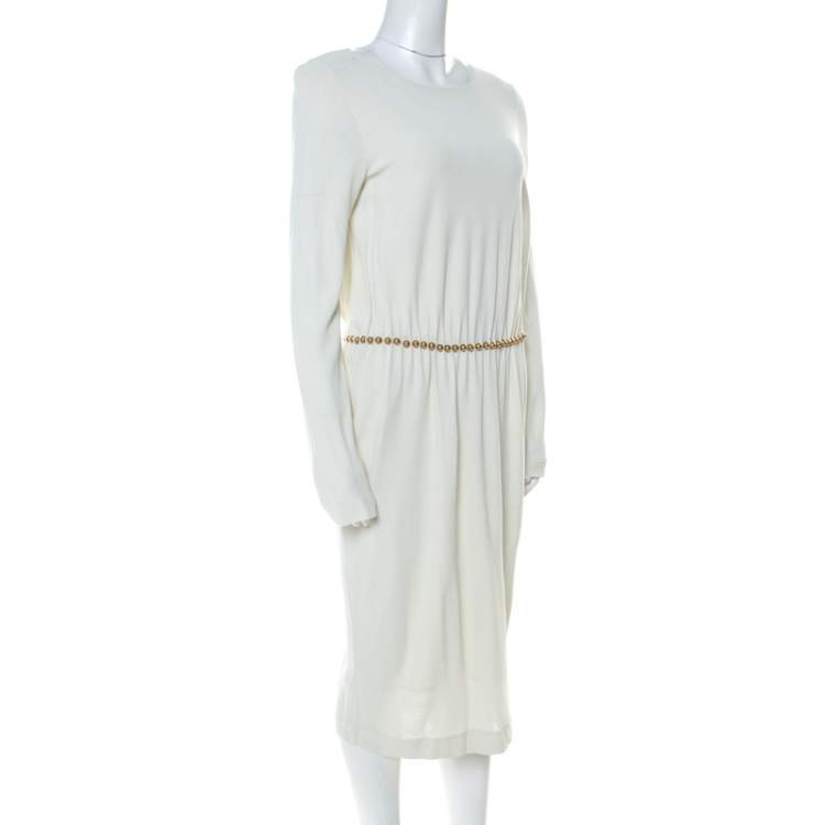 Pre Owned Gucci Pastel Green Stretch Crepe Beaded Waist Long Sleeve Dress L 