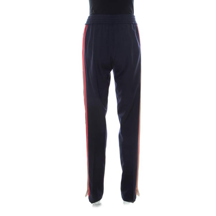 Pre Owned Gucci Navy Blue Wool & Silk Blend Striped Side Seam Snap Button Detail Sweatpants S