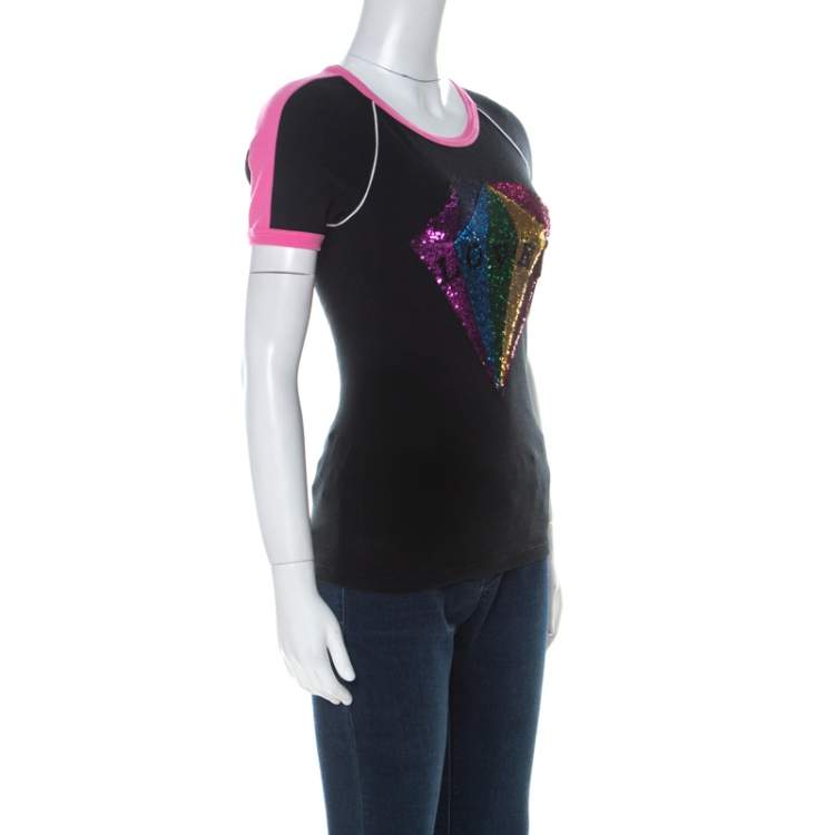 Pre Owned Gucci Black Cotton Sequinned Diamond Loved T Shirt XS