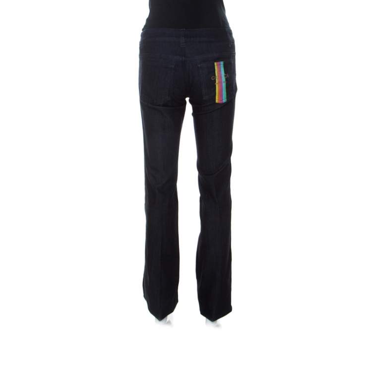 Pre Owned Gucci Blue Dark Wash Denim Rainbow Embroidery Detail Flared 70s Jeans S