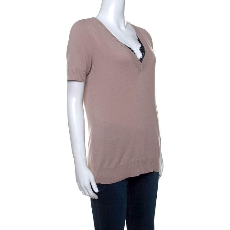 Pre Owned Gucci Dusky Pink Cashmere Knit Lace Trim V-Neck Top L