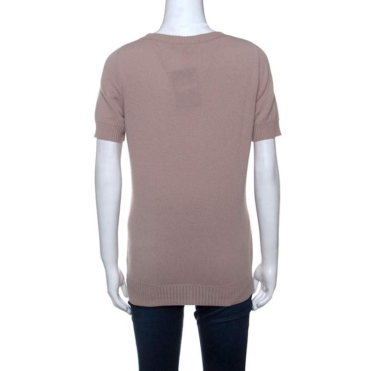 Pre Owned Gucci Dusky Pink Cashmere Knit Lace Trim V-Neck Top L