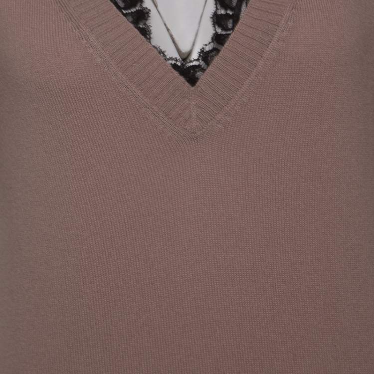 Pre Owned Gucci Dusky Pink Cashmere Knit Lace Trim V-Neck Top L