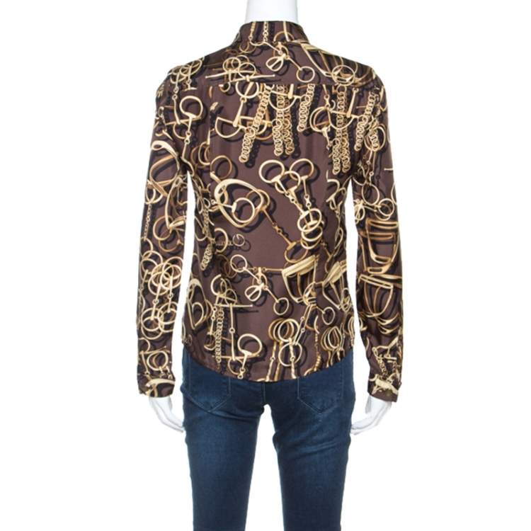 Pre Owned Gucci Brown Silk Horsebit Print Button Front Blouse S