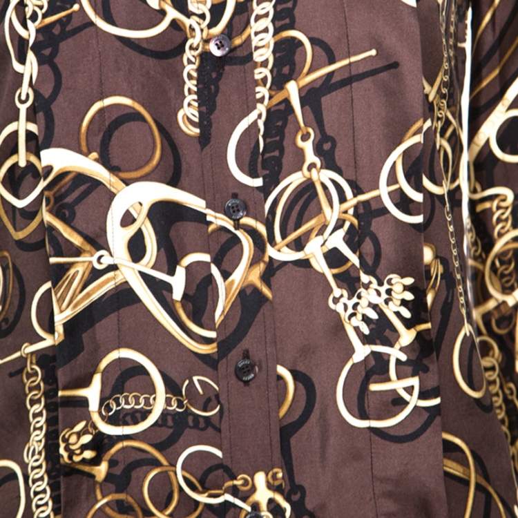 Pre Owned Gucci Brown Silk Horsebit Print Button Front Blouse S