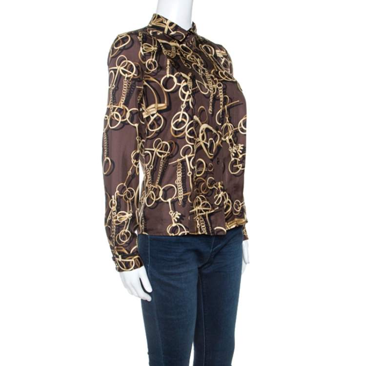 Pre Owned Gucci Brown Silk Horsebit Print Button Front Blouse S