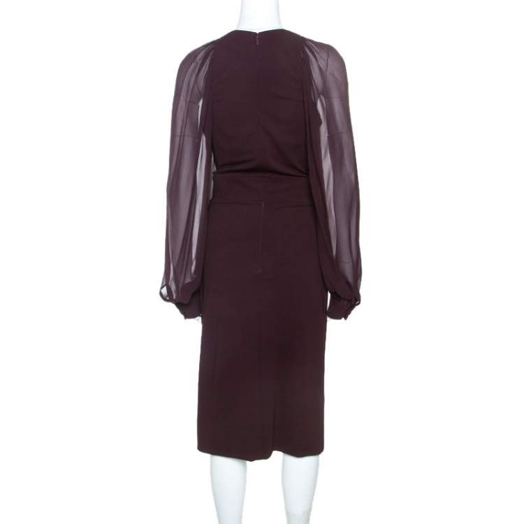 Pre Owned Gucci Burgundy Stretch Knit Bishop Sleeve Midi Dress L
