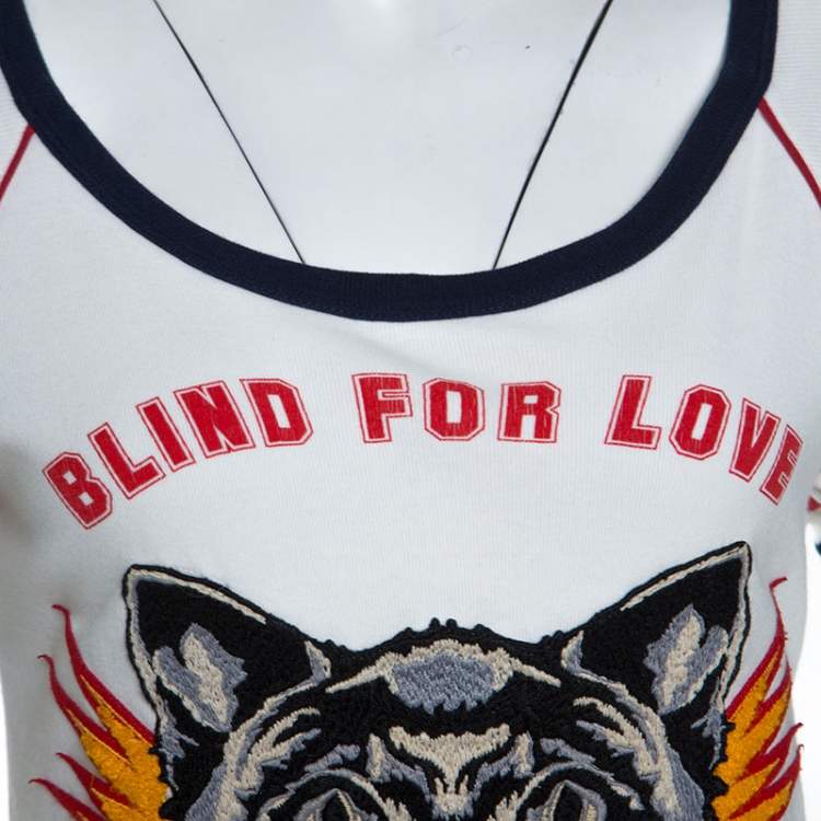 Pre Owned Gucci White Cotton Cat Applique Detail Blind For Love T-shirt S