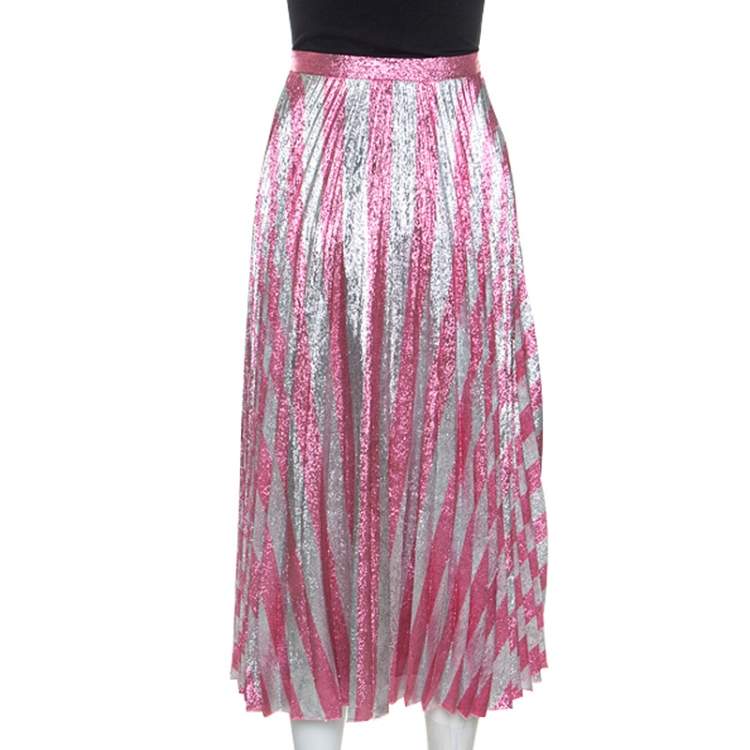 Pre Owned Gucci Metallic Pink Striped Pleated Midi Skirt M