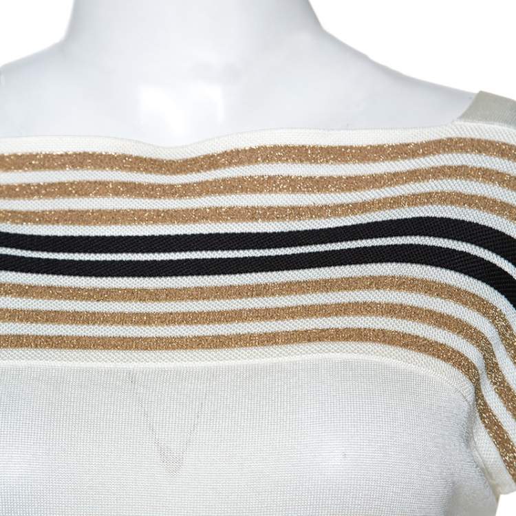 Pre Owned Gucci Off White Knit Metallic Trim Detail Top M
