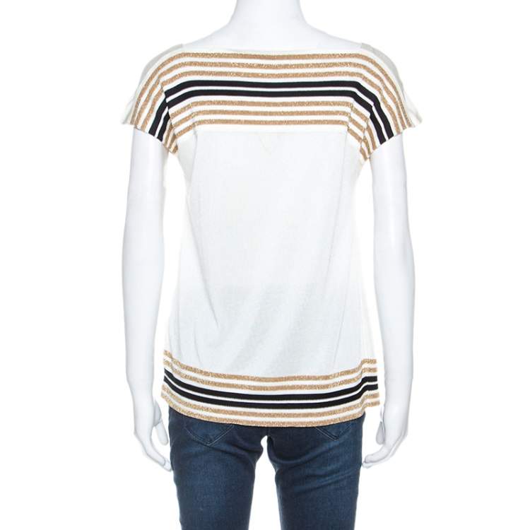 Pre Owned Gucci Off White Knit Metallic Trim Detail Top M
