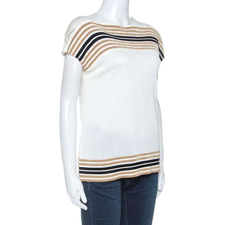 Pre Owned Gucci Off White Knit Metallic Trim Detail Top M