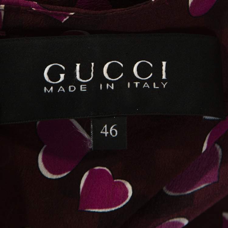 Pre Owned Gucci Burgundy Heartbeat Print Silk Ruched Detail Dress L