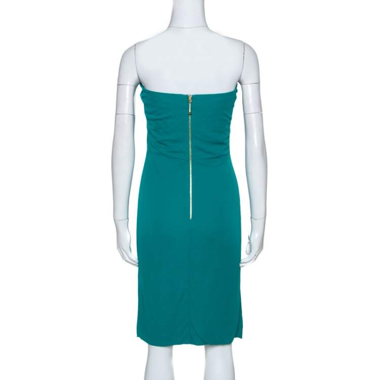 Pre Owned Gucci Green Knit Ruched Detail Strapless Cocktail Dress L