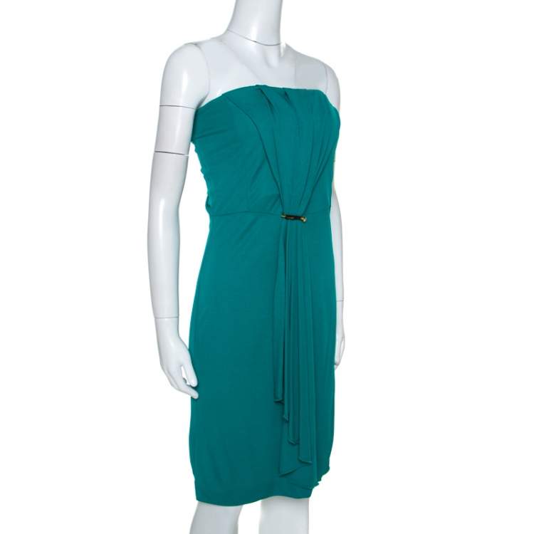 Pre Owned Gucci Green Knit Ruched Detail Strapless Cocktail Dress L
