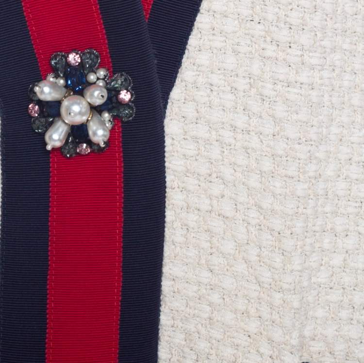 Pre Owned Gucci Off White Tweed Embellished Button Detail Oversized Jacket M