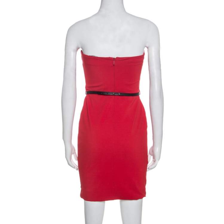 Pre Owned Gucci Red Crepe Belted Strapless Dress XS 