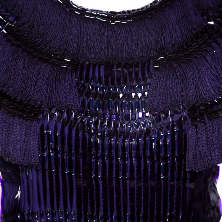 Pre Owned Gucci Purple Silk Embellished Fringe Detail Dress M