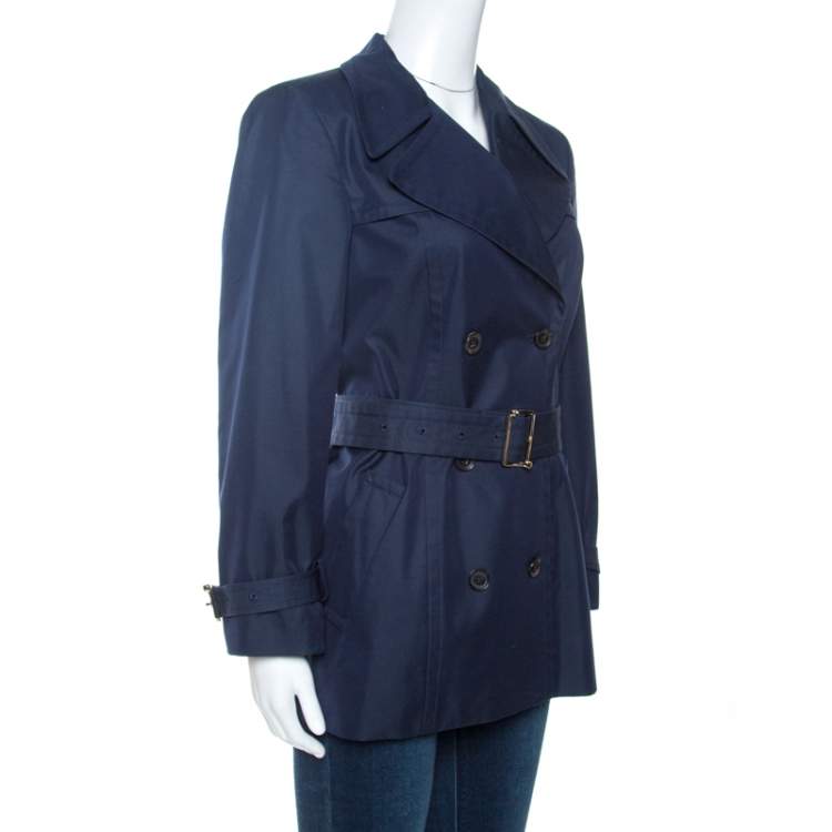 Pre Owned Gucci Navy Blue Cotton Belted Double Breasted Coat M