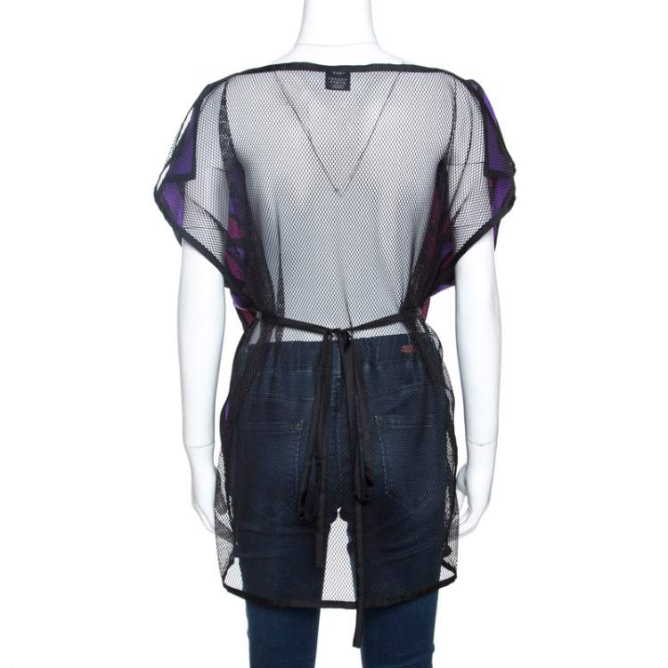 Pre Owned Gucci Purple Floral Printed Silk and Mesh Kaftan Top (One Size) 