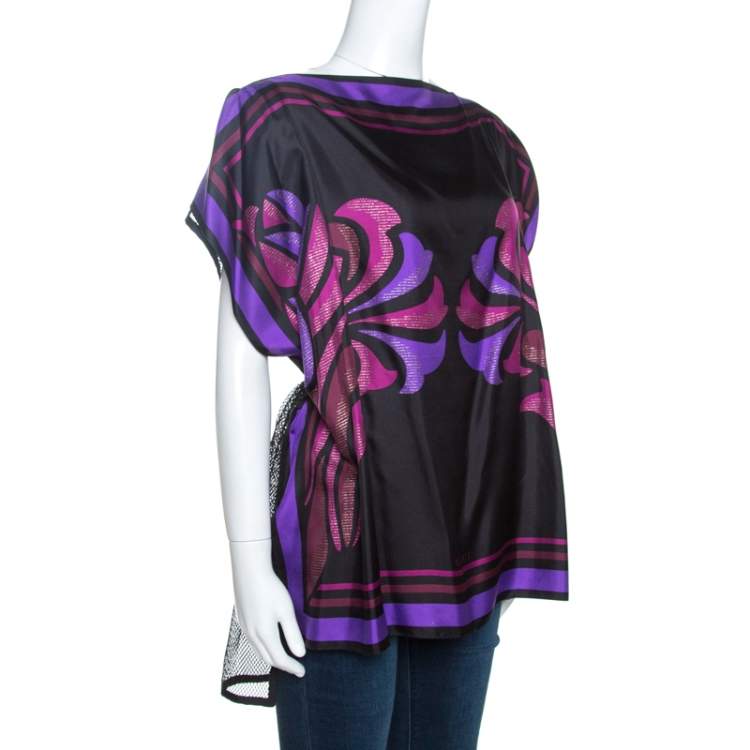 Pre Owned Gucci Purple Floral Printed Silk and Mesh Kaftan Top (One Size) 
