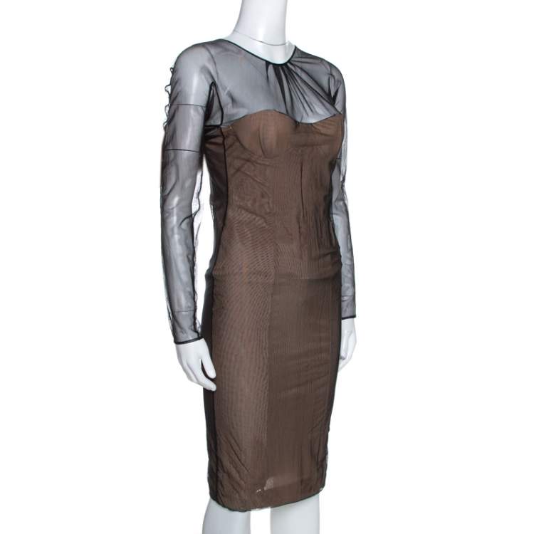 Pre Owned Gucci Black & Beige Tulle Long Sleeve Bustier Dress S