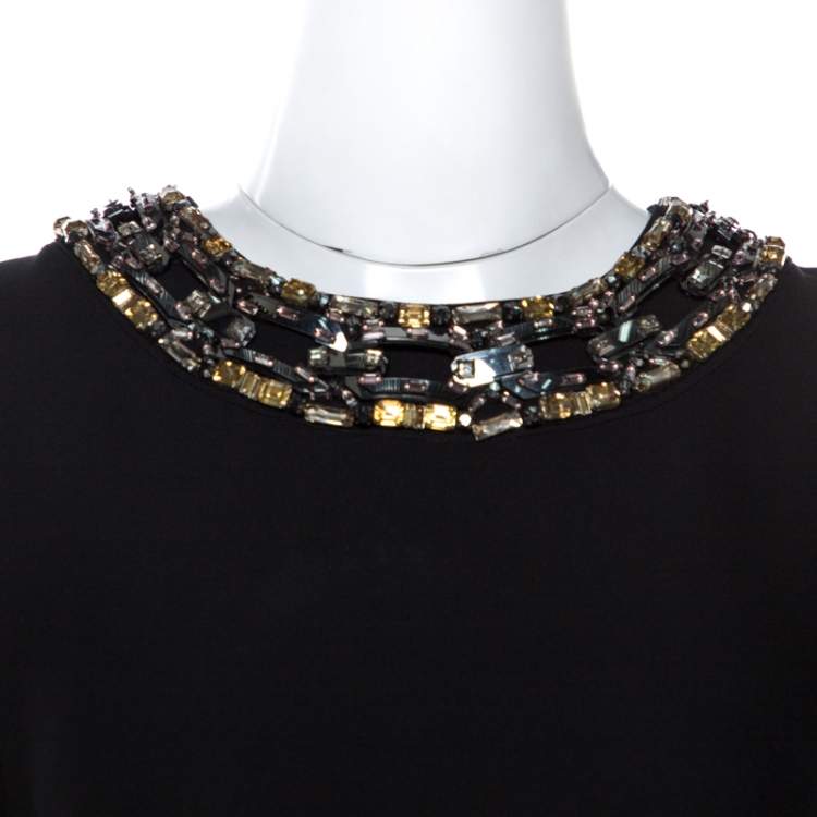 Pre Owned Gucci Black Fluid Silk Crystal Embellished Shift Dress S