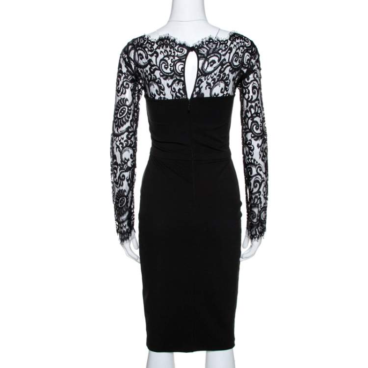 Pre Owned Gucci Black Knit Lace Trim Long Sleeve Sheath Dress XS