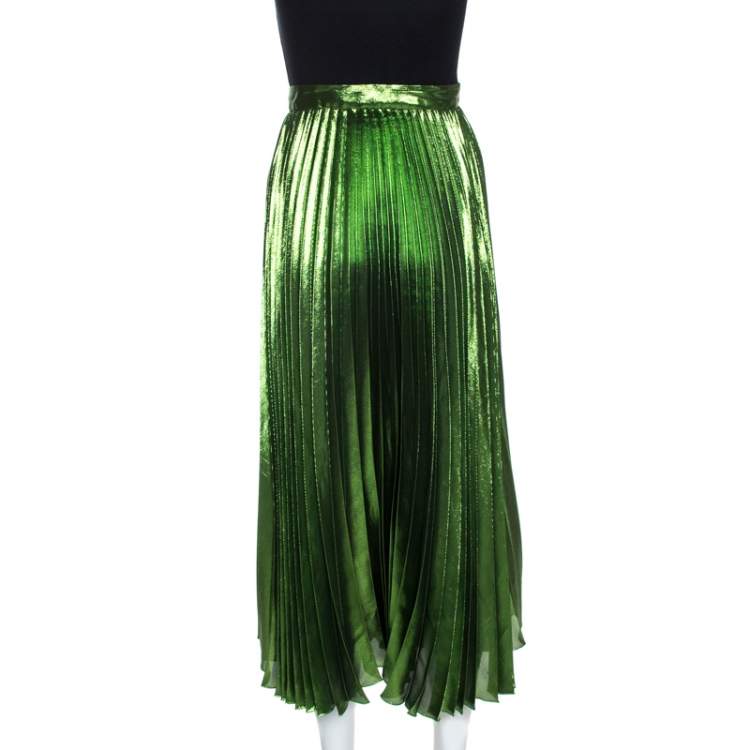 Pre Owned Gucci Green Metallic Plisse Silk Pleated Midi Skirt M