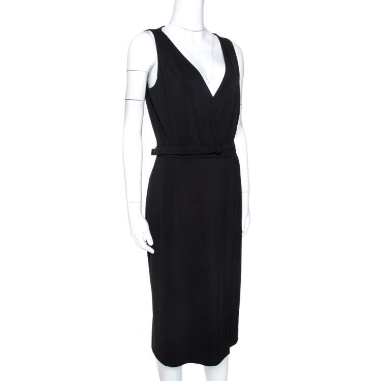 Pre Owned Gucci Black Jersey Belted Faux Wrap Dress XL