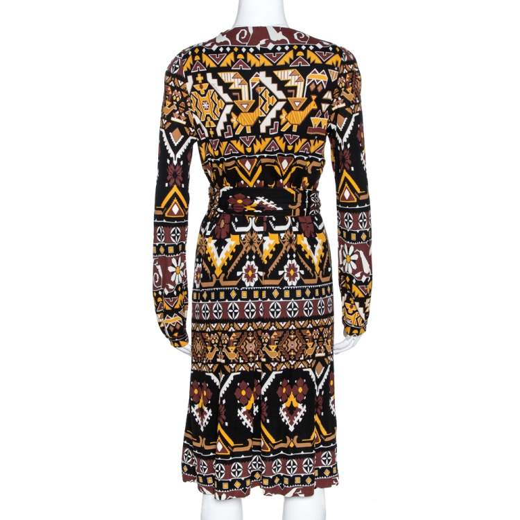 Pre Owned Gucci Multicolor Geometric Print Jersey Front Tie Detail Dress L