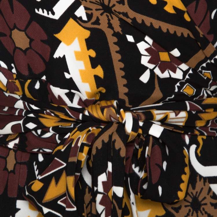 Pre Owned Gucci Multicolor Geometric Print Jersey Front Tie Detail Dress L