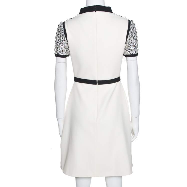 Pre Owned Gucci Cream Silk Crystal Embellished Flared Dress S