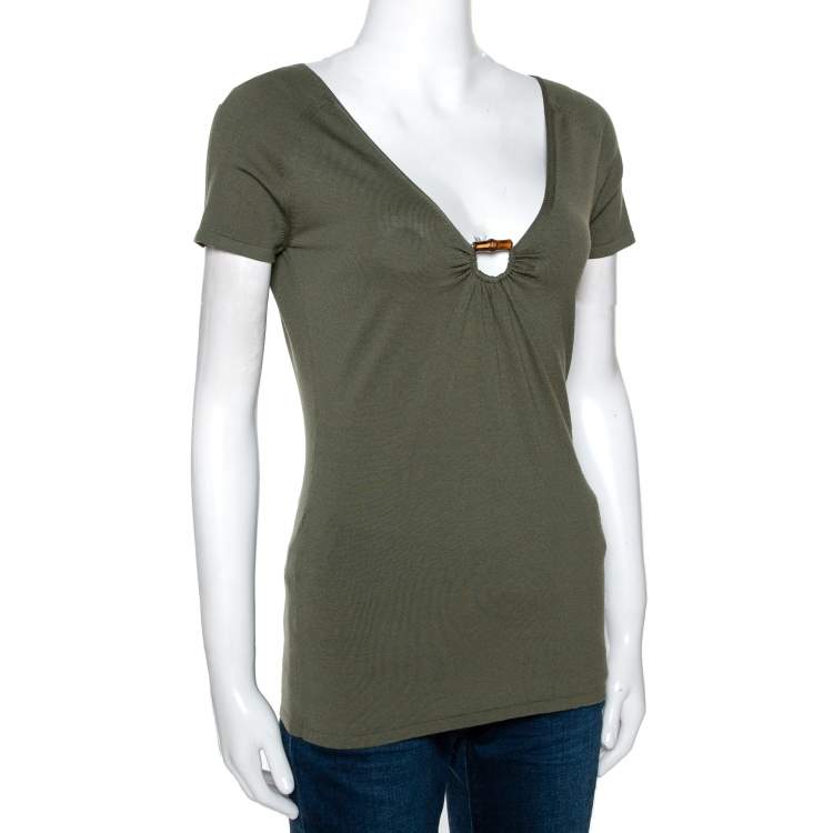 Pre Owned Gucci Olive Green Wool Knit Bamboo Horsebit Detail Top M